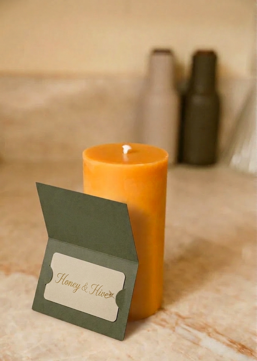 Beezwax candle with a green gift card on a textured surface